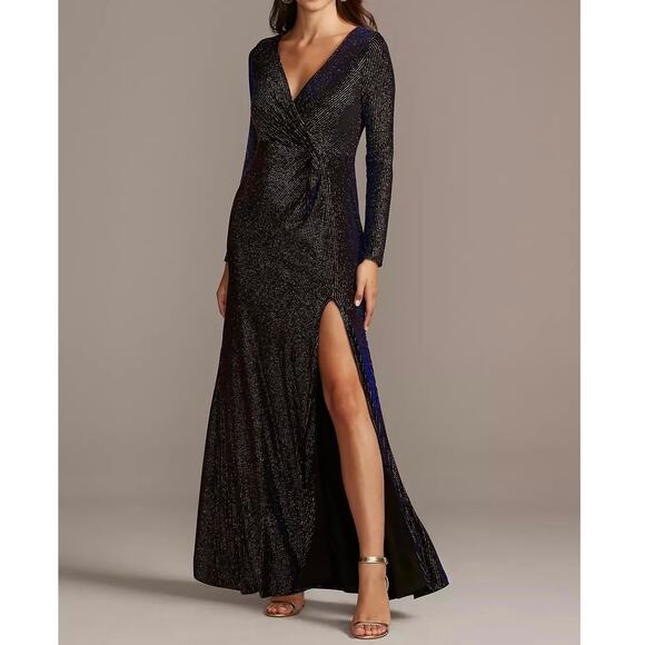 Nightway Dresses & Skirts - Nightway Knot Waist Gown 4 Surplice Metallic Shimmer Iridescent Blue Gold Formal